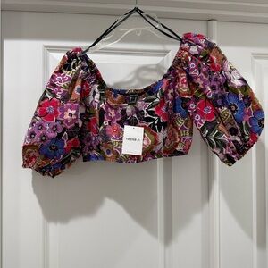 Forever 21 Vibrant Floral Puff Sleeve Crop Top